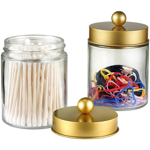 Amolliar Apothecary Jar Bathroom Storage Qtip Holder Glass, Gold 2Pack | for Bathroom Vanity Storage, Countertop, Farmhouse Style, Holds Cotton Swabs, Dental Floss, Makeup Sponges thumbnail 4