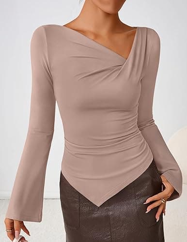 ZESICA Women's Long Bell Sleeve Shirts 2025 Fall Going Out Asymmetrical Crop Tops Slim Fit Ribbed Ruched Y2K Clothes thumbnail 3