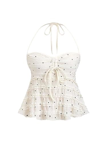 SOLY HUX Women's Peplum Halter Crop Tops Y2K Drawstring Tie Ruched Dressy Casual Spaghetti Strap Cami Top - Image 1