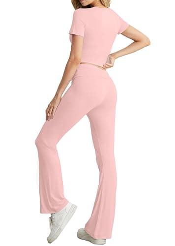 IWOLLENCE Loungewear Sets for Women UK Two Piece Outfit Short Sleeve Crop Top and High Elastic Waist Wide Leg Trousers Co Ord Set - Pink - S thumbnail 6
