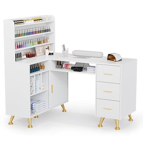 OmySalon L Shaped Manicure Table with Dust Collector, 52" L Corner Nail Desk for Nail Techs, w/Polish Display Rack Arm Rest, Acetone Resistant Top, Drawer and Cabinet Storage, for Nail Salon - Image 1