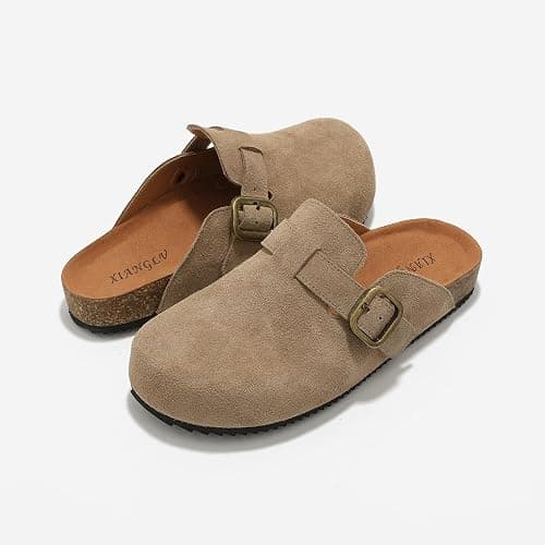 XIANGLV Women's Suede Clogs Leather Mules Comfort Cork Footbed Sandals Potato Shoes with Arch Support thumbnail 6
