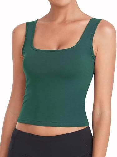 Sports Crop Tank Tops for Women Cropped Workout Tops Racerback Running Yoga Tanks Cotton Sleeveless Gym Shirts 3 Pack - Emerald Green/Beige/Coral Red (Square Neck) - Small thumbnail 2