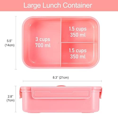 Caperci Classic Bento Box Adult Lunch Box for Older Kids - Leakpoof 47 oz 3-Compartment Lunch Containers for Adults and Teens, Built-in Utensil Set, Ideal for On-the-Go Balanced Eating, Pink thumbnail 3