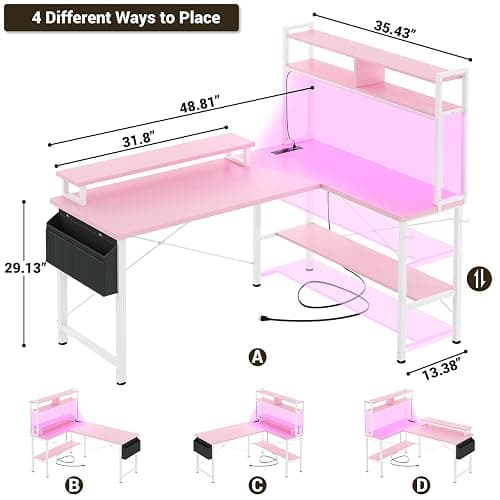 Aheaplus L Shaped Gaming Desk with Power Outlets & LED Lights, Small L- Shaped Desk Computer Corner Desk with Monitor Stand & Storage Shelf, Home Office Desk Writing Desk with Storage Bag, Pink thumbnail 3