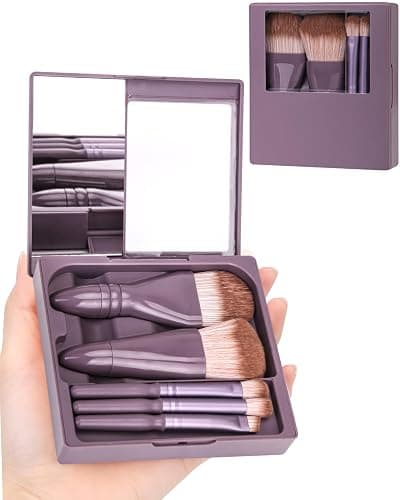 PGRODE Travel Size Makeup Brushes Mini Set with Hard Case and Built-in Mirror, 5Pcs Small Cosmetic Brushes, On the Go Brush Travel Essentials kits for Women, Girls Gift (Dark Purple) - Image 1