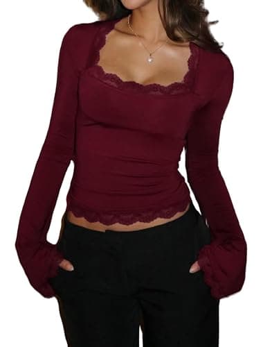 NJWTSDTZ Women Bell Long Sleeve Shirt Tops Y2k Square Neck Lace Trim Crop Shirts Trendy Slim Fit Fall Going Out Blouse - Image 1