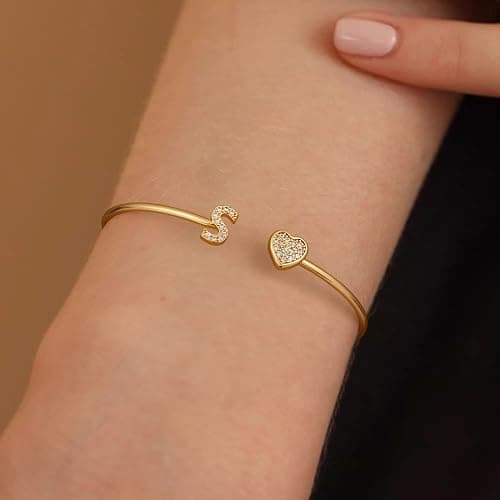 BRIJEWLIC Gold Bracelets for Women Teen Girls, 14K Gold Plated Initial Heart Bangle Bracelet thumbnail 3