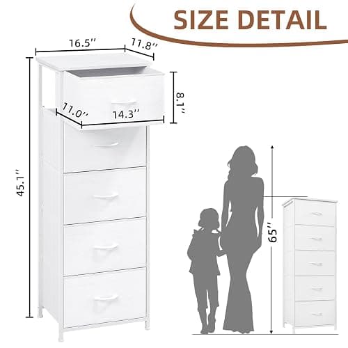 Somdot Tall Dresser for Bedroom with 5 Drawers, Storage Organizer Chest of Drawers with Removable Fabric Bins for Closet Bedside Living Room Laundry Entryway Hallway, White Leather thumbnail 3