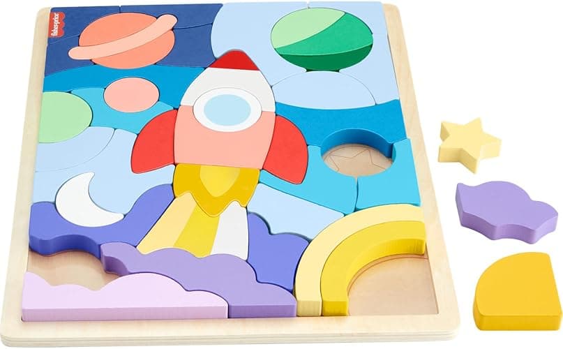 Fisher-Price Wood Preschool Toy Space Blocks Jigsaw Puzzle, 42 Wooden Pieces for Stacking & Sorting Play Kids Ages 3+ Years thumbnail 6
