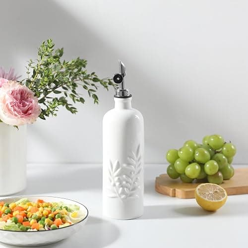 Sweejar 18 Oz Oil Dispenser for Kitchen with Gravity Spout, Ceramic Olive Oil Dispenser Bottle, Relief Opaque Vinegar Container for Evoo, Vinegar, Soy Sauce, Pack of 1(White, Silver Spout) thumbnail 5