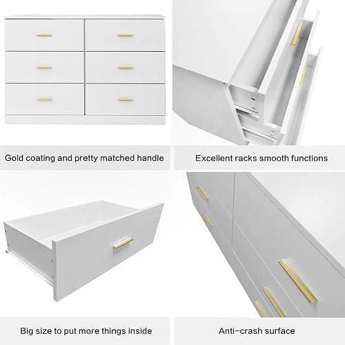 47" Modern White Dresser for Bedroom, 6 Drawer Dresser with Gold Handles | Gabeteros Para Dormitorios Wooden Dresser for Nursery,Kid,Girls Bedroom thumbnail 8