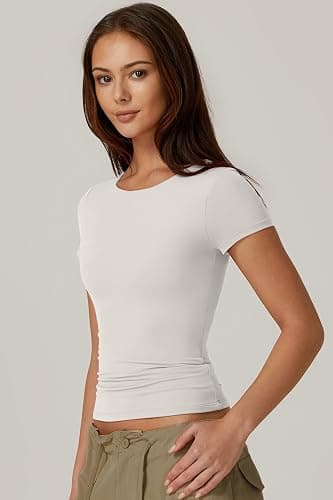 QINSEN Women's Crew Neck Short Sleeve Tees Double Lined Slim Fit T Shirt Basic Y2K Tops thumbnail 4