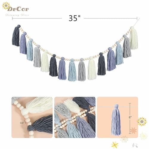 DrCor Coastal Boho Tassel Garland - Handmade Dusty Blue Yarn Banner for Classroom, Nursery, Kids Bedroom, Office, Baby Shower, Birthday Party, Back to School Decor - Jeans thumbnail 3
