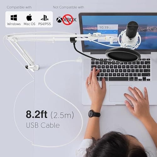 FIFINE USB Recording Microphone Kit, Studio Condenser Microphone for Vocals Music Creation, Voice-Over, Singing with Metal Boom Arm, 16mm Diaphragm, Podcast Mic Set-T669 White thumbnail 7