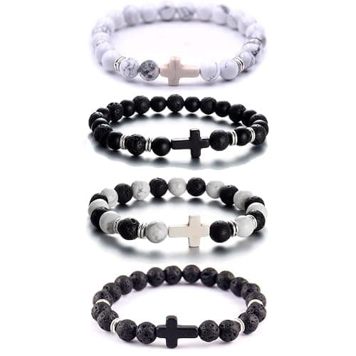 Softones 4PCS Cross Beads Bracelet for Men Women 8mm Healing Lava Stone Stretch Bracelets,7.5" - Image 1