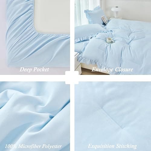 ANGIYUIN Light Blue Ruffle Girls Comforter Set Twin Size 5 Pieces Ruffled Farmhouse Bed in A Bag Solid Boho Bedding Comforter Sets Soft Fluffy Bed Sets for Kids Girl(Light Blue Twin) thumbnail 8