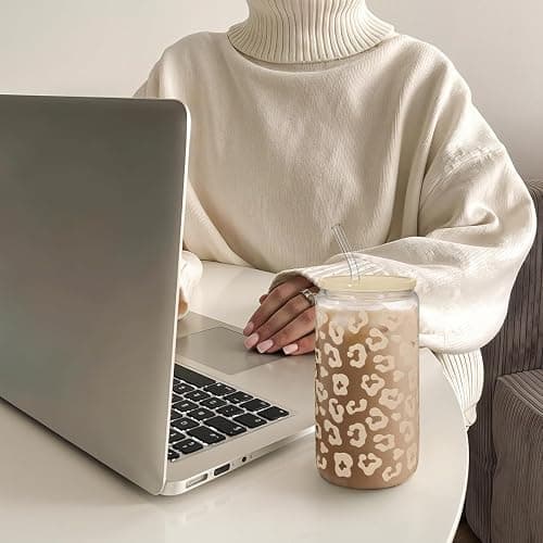 SANDJEST Leopard Glass Can, Beige Leopard Print Cup with Lid & Straw, Iced Coffee Aesthetic Cups, Gift for Christmas Birthday Mother Day, Gifts for Women, 16oz thumbnail 6