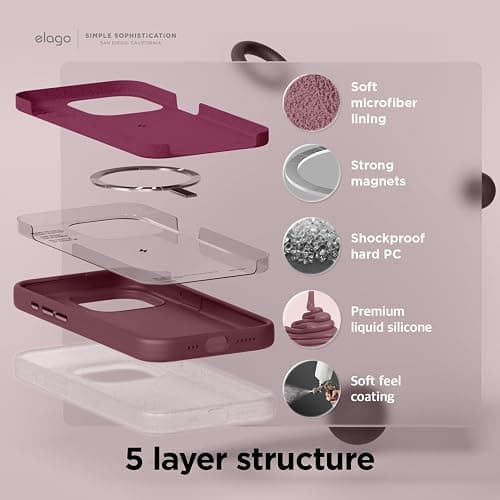 elago Magnetic Silicone Case Compatible with iPhone 15 Pro Case 6.1 Inch Compatible with All MagSafe Accessories - Built-in Magnets, Soft Grip Silicone, Shockproof (Burgundy) thumbnail 4