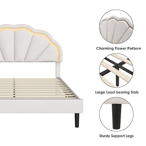 HIFIT Queen Upholstered Smart LED Bed Frame with Adjustable Chic Petal Headboard, Soft Princess Queen Size Platform Bed Frame for Girls, Wooden Slat Support, No Box Spring Needed, Easy Assembly, Beige thumbnail 8