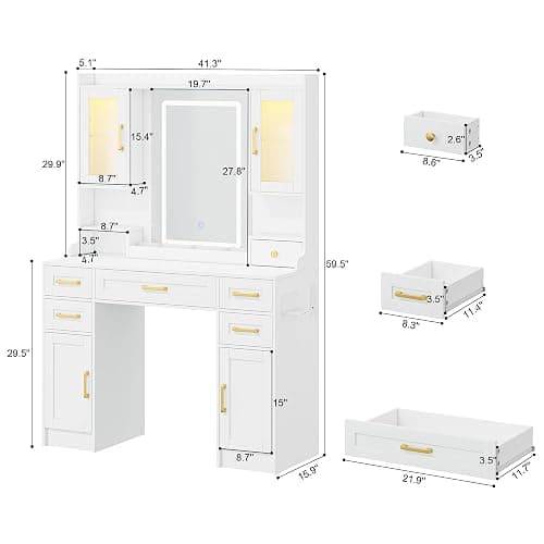 NUNU LAB Large White Vanity Desk with Mirror and Lights | Women Makeup Table with Power Outlet, 3-Color Adjustable Lighting with 5 Drawers for Bedroom Brown thumbnail 2