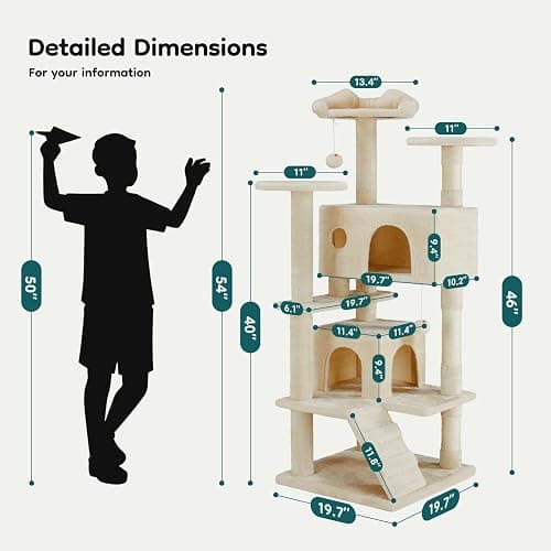 DUMOS 54-inch Indoor Cat Tree Tower –Multi-Level Pet House for Large Cats with 2 Condos, Scratching Posts, Round Platform, Small Ladder, and Toys, Beige thumbnail 2
