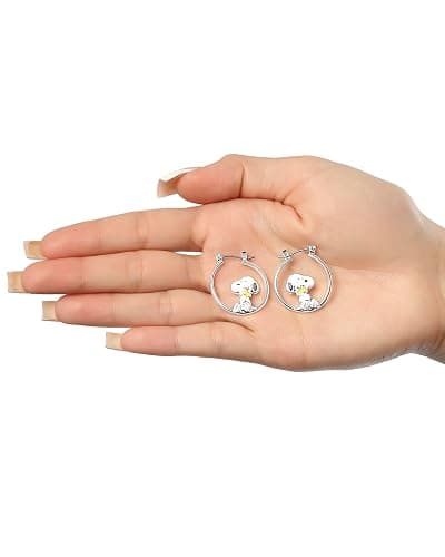 Peanuts Snoopy Earrings for Women Official License, Silver Flash-Plated Hoop Earrings with a Snoopy and Woodstock Accessory thumbnail 3
