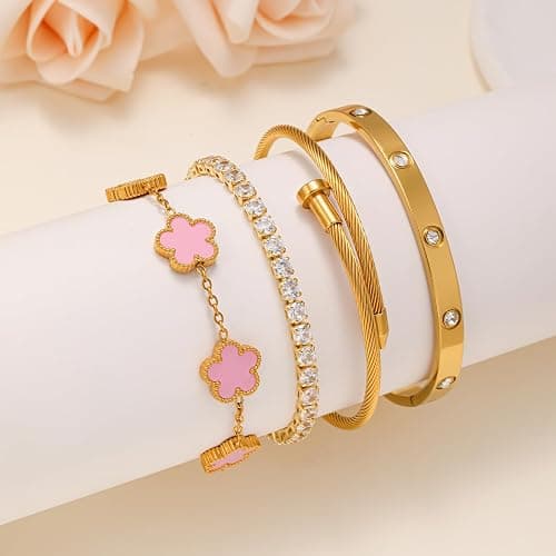 Gold Bracelets for Women, 18K Gold Plated Women Tennis Bracelets Clover Nail Love Bangle Bracelet Set, Gold Bracelet Stackable Set Trendy Jewelry, Gifts for Women's Day and Mother's Day thumbnail 4
