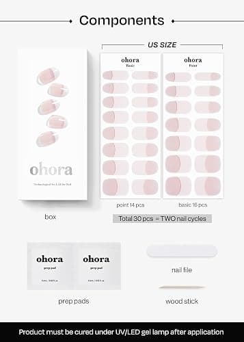 ohora Semi Cured Gel Nail Strips (N Essential French) - White, French, Works with Any UV/LED Lamps, Salon-Quality, Long Lasting, Easy to Apply & Remove - Includes 2 Prep Pads, Nail File & Wooden Stick thumbnail 7