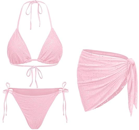 Women's 3 Piece Swimsuit Triangle Halter Bikini Set Side Tie with Cover Up | Eyelet Embroidery, Removable Pads, Mid-Waist Fit, Moderate Coverage, Double-Lined, Soft Stretch Jacquard, Vacation Ready - Image 1