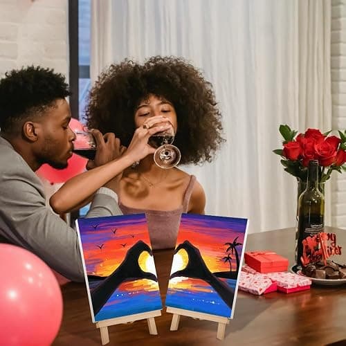 VOCHIC Sip and Paint Kit,Pre Drawn Canvas Couples Paint Party Kit Painting Art Set for Adults Date Night Sunset Heart 2 Pack (8 x 10 Inches) thumbnail 3