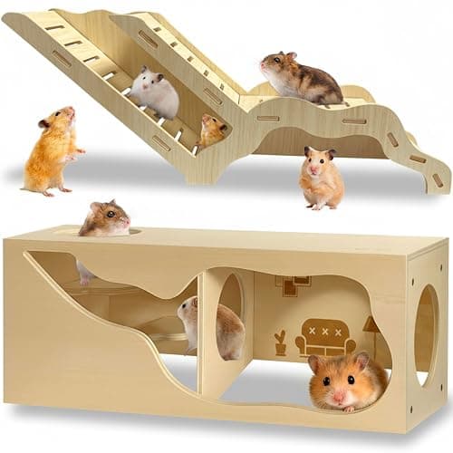 Hamster Hideout & Tunnel Set, 2Pcs Wooden House with Climbing Ladder, Exploration Tubes & Observation Shed for Syrian Hamsters, Dwarf Hamsters, Mice, Gerbils, Rats, and Other Small Animals - Image 1