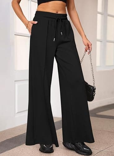 Aleumdr Women's High Waisted Drawstring Waist Wide Leg Sweatpants with Pockets Casual Loose Yoga Pants thumbnail 3