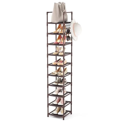 LANTEFUL Tall Shoe Rack 10-Tier Narrow Shoe Shelf Storage for 10-15 Pairs Shoe and Boot, Sturdy Shoe Storage Space Saving Corner Shoe Rack Organizer for Closet, Entryway, Living Room, Brown - Image 1