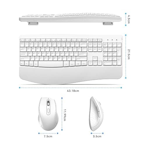 Ergonomic Keyboard and Mouse Combo, Full Size Cordless Computer Keyboard with Palm Wrist Rest Ergonomic Mouse for Windows Computers Laptops - White thumbnail 5