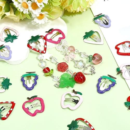 SUNNYCLUE 42Pcs 7 Styles Fruit Hair Barrettes Cartoon Hair Clips Metal Iron Enamel Red Pink Purple Colored Summer Fruits Strawberries Grapes Apples Shaped Snap Hairpins Set for Decoration Accessories thumbnail 2