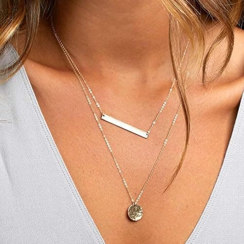 Turandoss Dainty Layered Choker Necklace, Handmade Y Pendant Necklace Multilayer Bar Disc Necklace Adjustable Layering Choker Necklaces for Women thumbnail 6