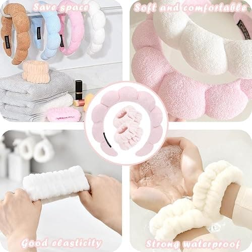 Spa Headbands for Washing Face Wristband Set Sponge Makeup Skincare Headband Wrist Towels Bubble Soft Terry Towel Cloth Hairband for Women Puffy Headwear Non Slip Thick Thin Hair Headwear (Light pink) thumbnail 5