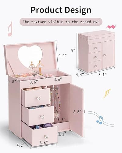 Vlando Musical Jewelry Box for Girls, Large Kid Music Box with Ballerina for Birthday Bedroom Decor, 4 Layer Girl Jewelry Gifts for Girls Kids - Light Pink - Light Pink thumbnail 3