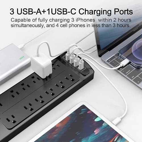 Power Strip, ALESTOR Surge Protector with 12 Outlets and 4 USB Ports, 6 Feet Extension Cord (1875W/15A), 2700 Joules, ETL Listed, Black thumbnail 4