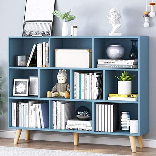 IOTXY Wooden Open Shelf Bookcase - 3-Tier Floor Standing Display Cabinet Rack with Legs, 10 Cubes Bookshelf, Bright Blue - Image 1