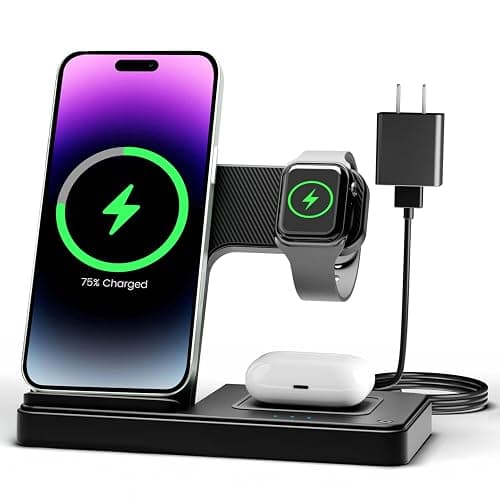 Wireless Charger iPhone Charging Station: 3 in 1 Charger Stand Multiple Devices for Apple - iPhone 16e 16 15 14 Pro Max 13 12 11 - Watch 10 9 8 7 6 5 4 3 2 SE and Ultra Series - Airpods 4 3 2 Pro - Black - Image 1