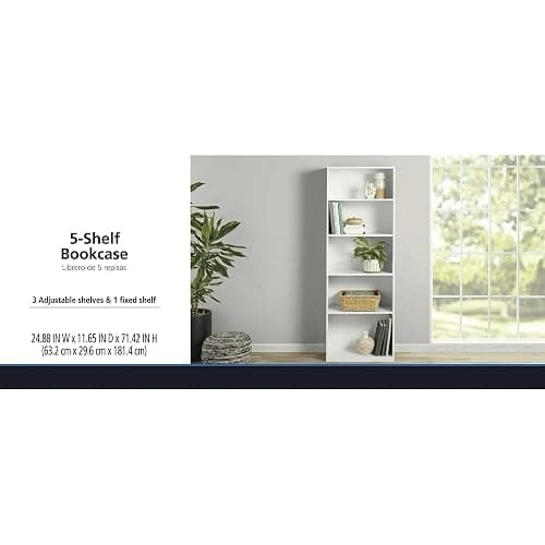 TnLoji 5-Shelf Bookcase with Adjustable Shelves, Open Storage Shelf, 11.65 x 24.88 x 71.42 Inches, for Living Room, Home Office, Dinning Room White thumbnail 7