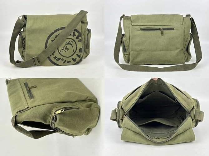 Zxtvmn Japanese New 2026 My Neighbor Canvas Messenger Bags Cartoon Students Book Crossbody Bags with Mutiple Pockets, Compatible with my neighbor totoro bag (Khaki) thumbnail 4
