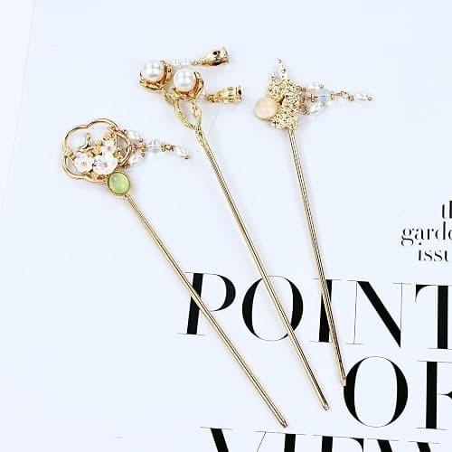 Cinaci 10 Pieces Decorative Vintage Retro Pearl Gold Metal Hair Sticks Pins with Pendants Chinese Hanfu Asian Flower Butterfly Hair Chopsticks Hair Bun Updo Holders Long Hairpins for Women Girls thumbnail 8