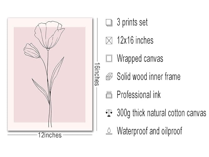 Pink Flower Wall Art Set of 3 Framed, Blush Pink Floral Canvas Wall Decor Pictures, Minimalist Botanical Line Art Prints for Girls Bedroom Teen Room Living Room Aesthetic 12x16 Inch thumbnail 4