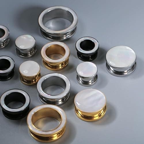BOKABOO 2 Pairs White Pearl Shell Stainless Steel Ear Gauges Plugs and Tunnels, Size 2g - 1 inch Hypoallergenic Surgical Steel Ear Stretcher Expander Body Jewelry thumbnail 7
