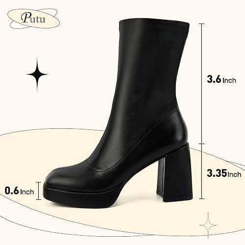 Putu Platform Boots for Women,GoGo Boots,Square Toe Chunky Heel Ankle Boots Pull on Booties thumbnail 7