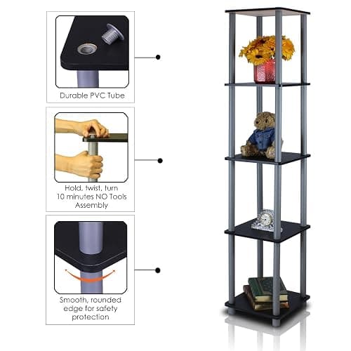 FURINNO Turn-N-Tube 5-Tier Corner Square Rack Display Shelf, Round, Black/Grey thumbnail 5