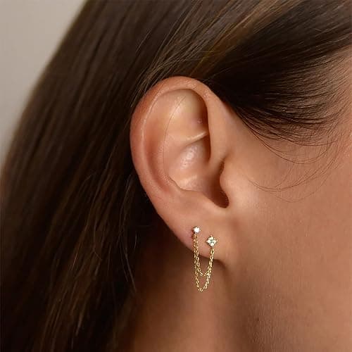 BUAEL 925 Sterling Silver Four Zircons Flower Stud Earrings For Women | Double Studs Chain Tassel Piercing Earring | Gold Plated Double Piercing Dangle Chain Earrings Jewelry Gifts for Women Girls thumbnail 2